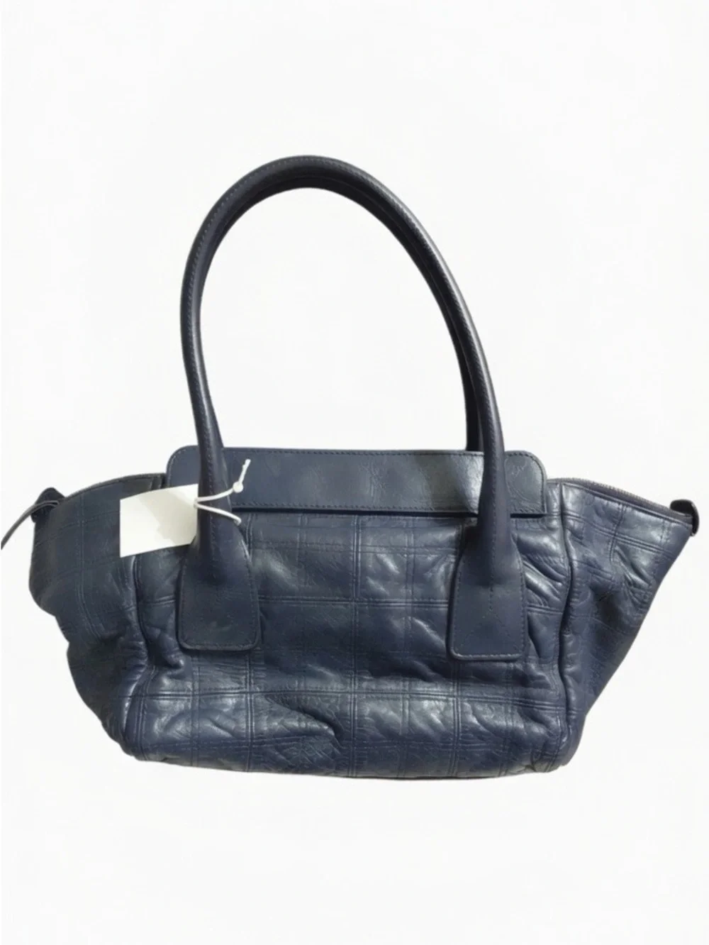 CHANEL Blue Quilted Leather Tote with Logo Plaque